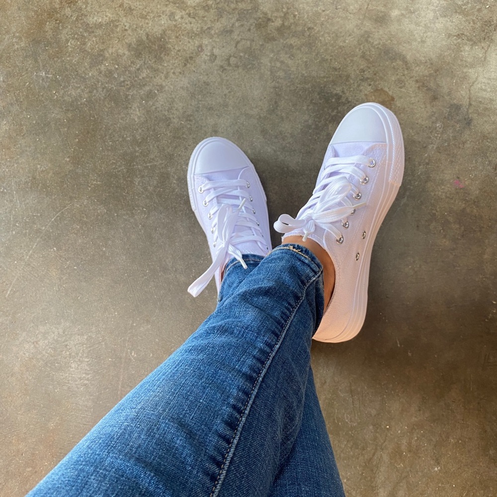 All White Lace Up Low Top Canvas Sneakers - Picture 4 of 7